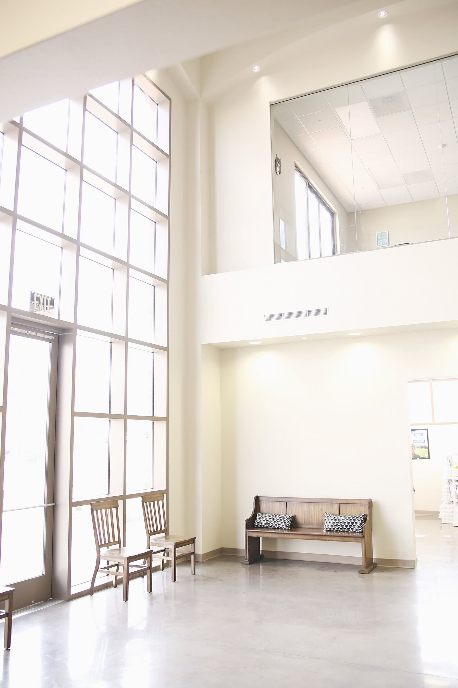 A tall daylit commercial interior with full-height glazing